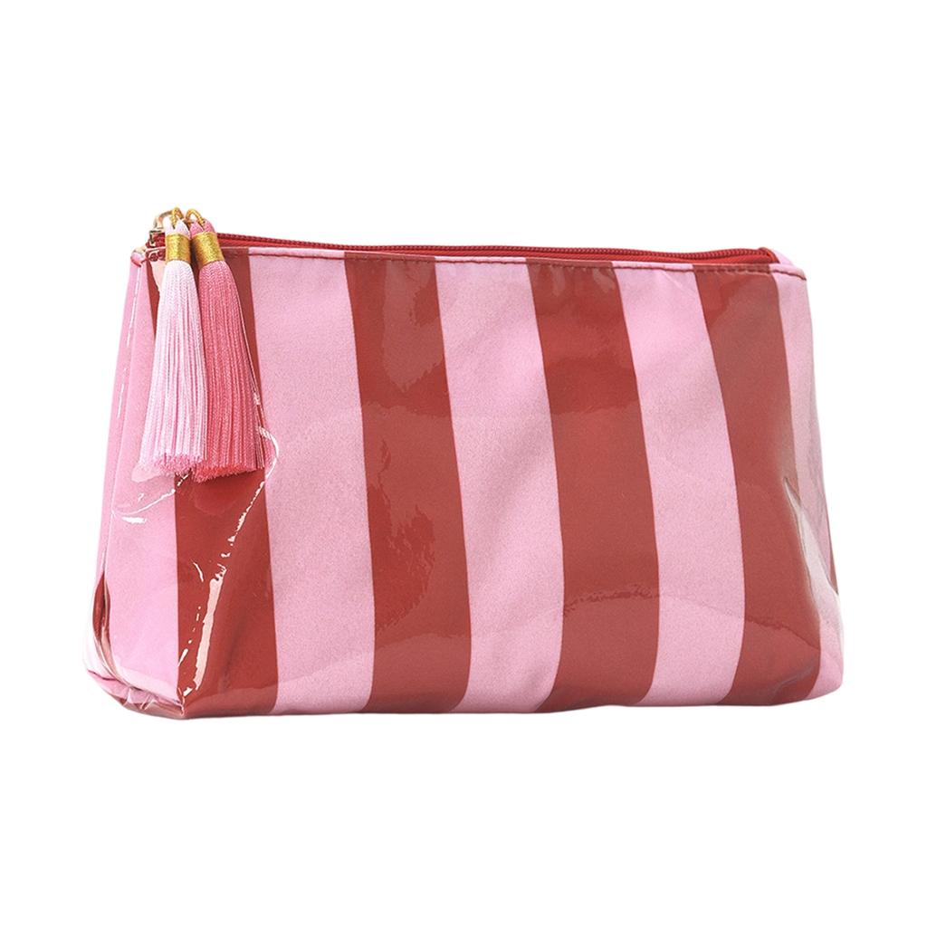 PVC Striped Cosmetic Bag Tassel Zipper Makeup Storage Pouch Waterproof Travel Toiletry Organizer Bag