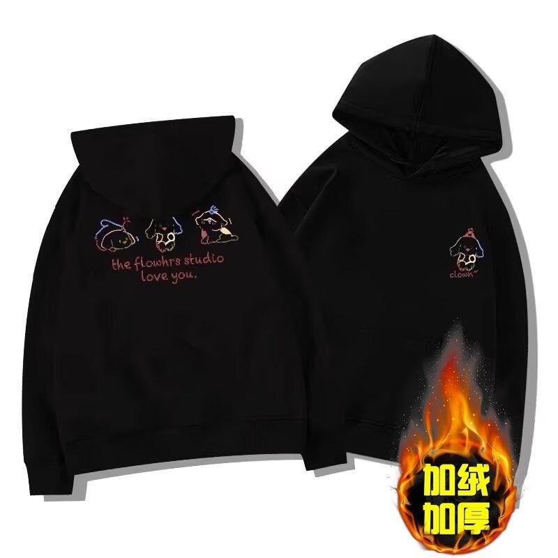 American retro cartoon printing heavy hooded sweater for men and women autumn and winter new casual loose velvet thickened top