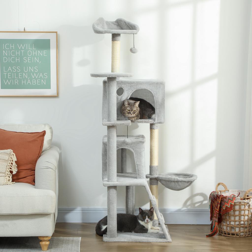 160 cm Cat Tree, Multiple Levels, Sisal Scratching Posts, Caves, Plush Platforms, Hammock, Ladder, Play Balls