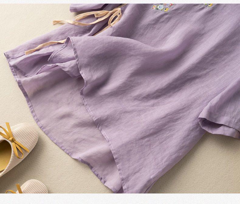 2024 Women's Cotton-Linen Embroidered Short Sleeve Shirt with Oblique Collar