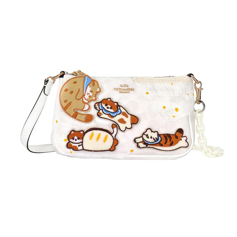 

COACH shoulder bag [Customized bag] Nolita 19 metal brand logo zipper armpit bag, cat embroidery patch, small daisy mesh Orange and white milk cat золотий