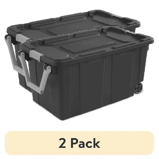 (2 Pack) Extra-Large Wheeled Industrial Storage Bin, 40 Gallon Durable Plastic Storage Tote with Latching Lid and Pull Handle, D