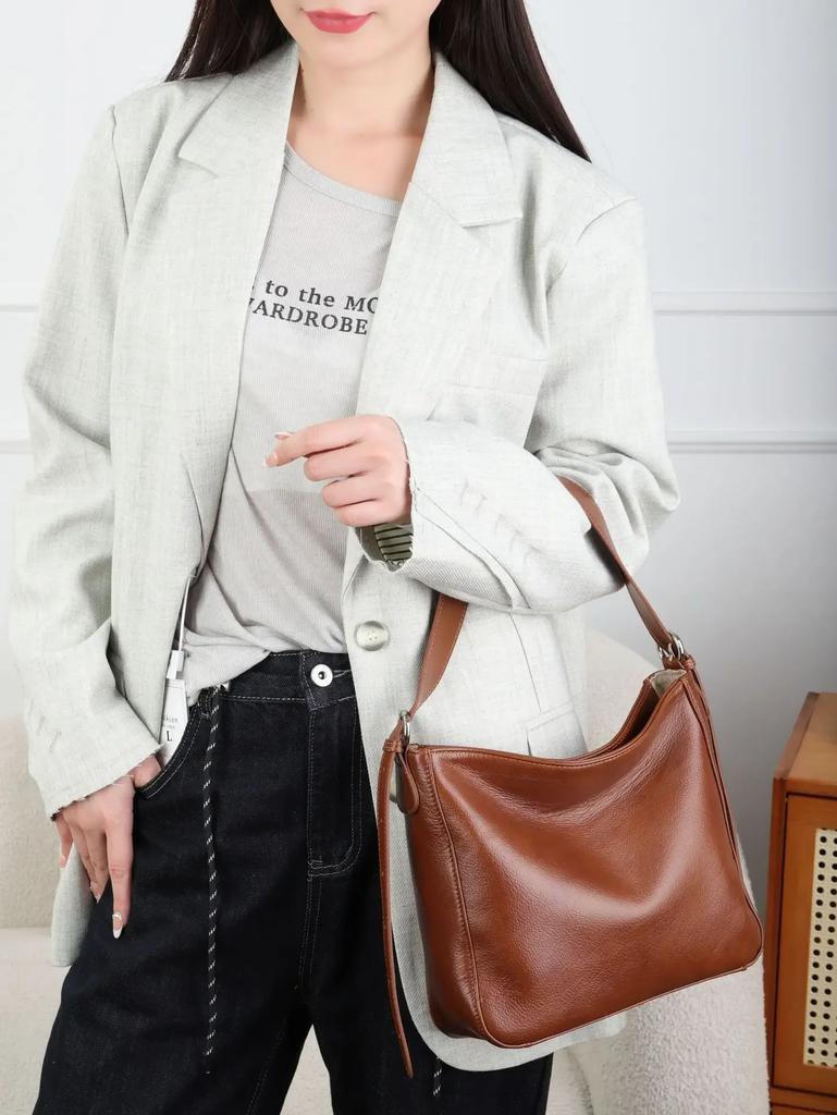 Natural Cow Leather Square Handbag - Crossbody Bucket Style, High-Quality Women's Shoulder Bag, Practical & Luxurious Hobo Bag