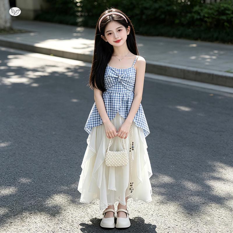 2026 New Girls' Plaid Strappy Top & Long Skirt Set - Korean Style