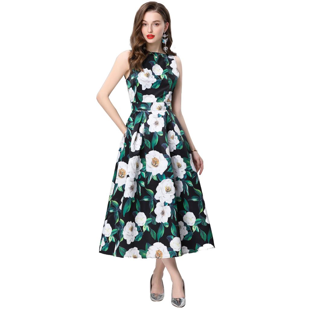 Summer Women Fashion European Style Elegant Sleeveless Print Long Maxi Tank Party Dresses