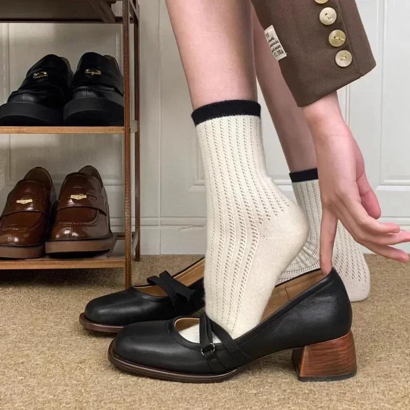 French Evening Style Loafers Versatile Women's Shoes Brown Thick Heel High Heel Shoes Small Leather Summer Season