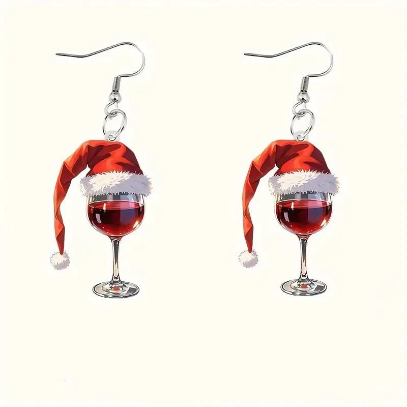 Red Christmas Hat Wine Glass Acrylic Earrings - Vintage Creative Design, Versatile and Stylish.