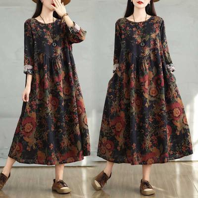 Vestidos de algodón con estampado floral vintage para mujer, vestido informal holgado de manga larga, vestidos elegantes para primavera y otoño