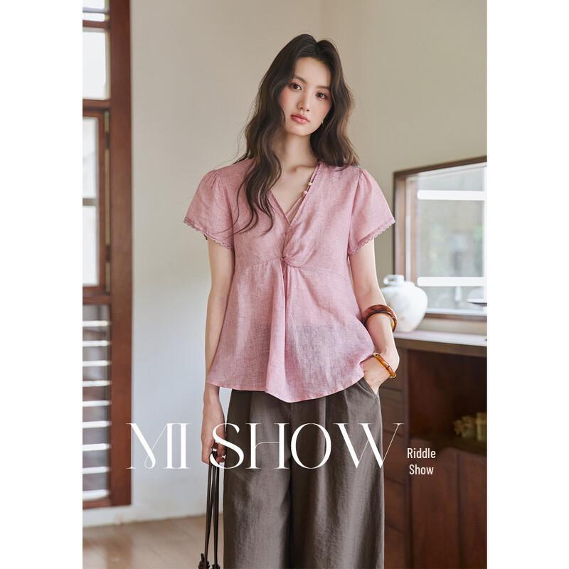 Mishow V-Neck Puff Sleeve Lace-Trim Blouse S