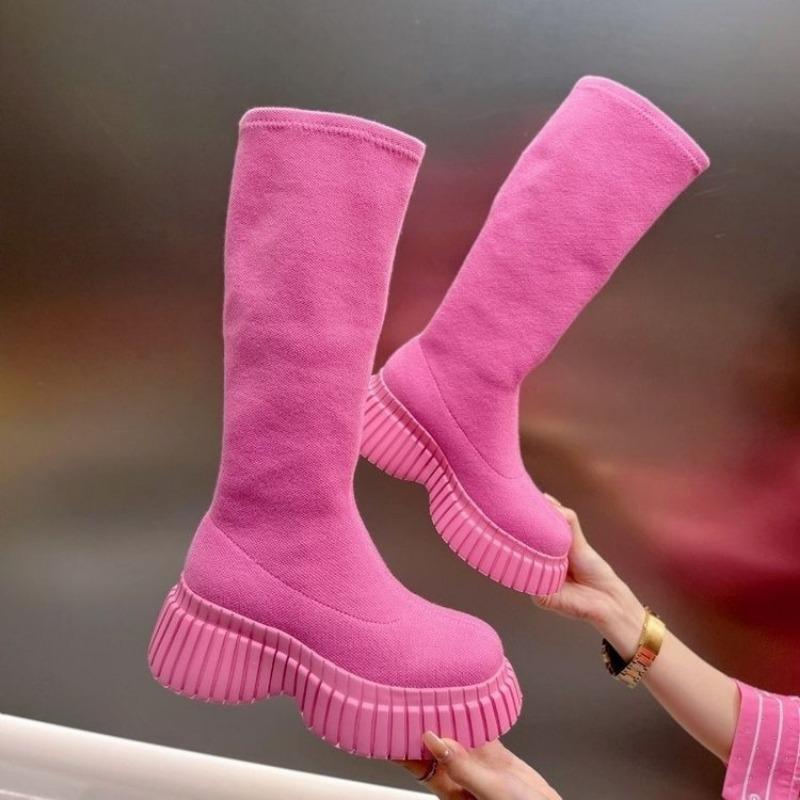 Women's Boots Thick Heel Women Knee High Boots Solid Fashion Slip On Shoes Autumn Winter Ladies Stretch Slim Long Booties