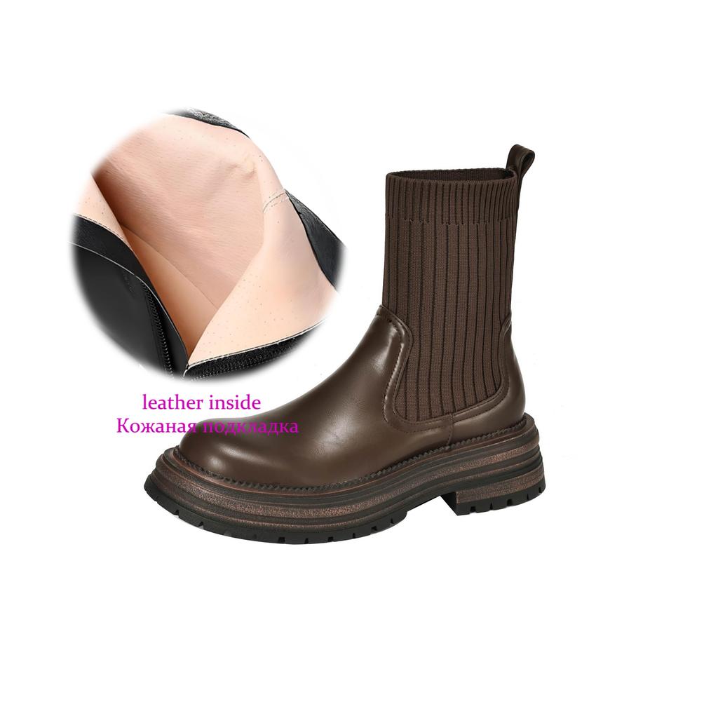 Krazing Pot Microfiber Autumn Winter Shoes Thick High Heels Flat Platform Size 43 Motorcycle Boots Knitwear Non-slip Ankle Boots