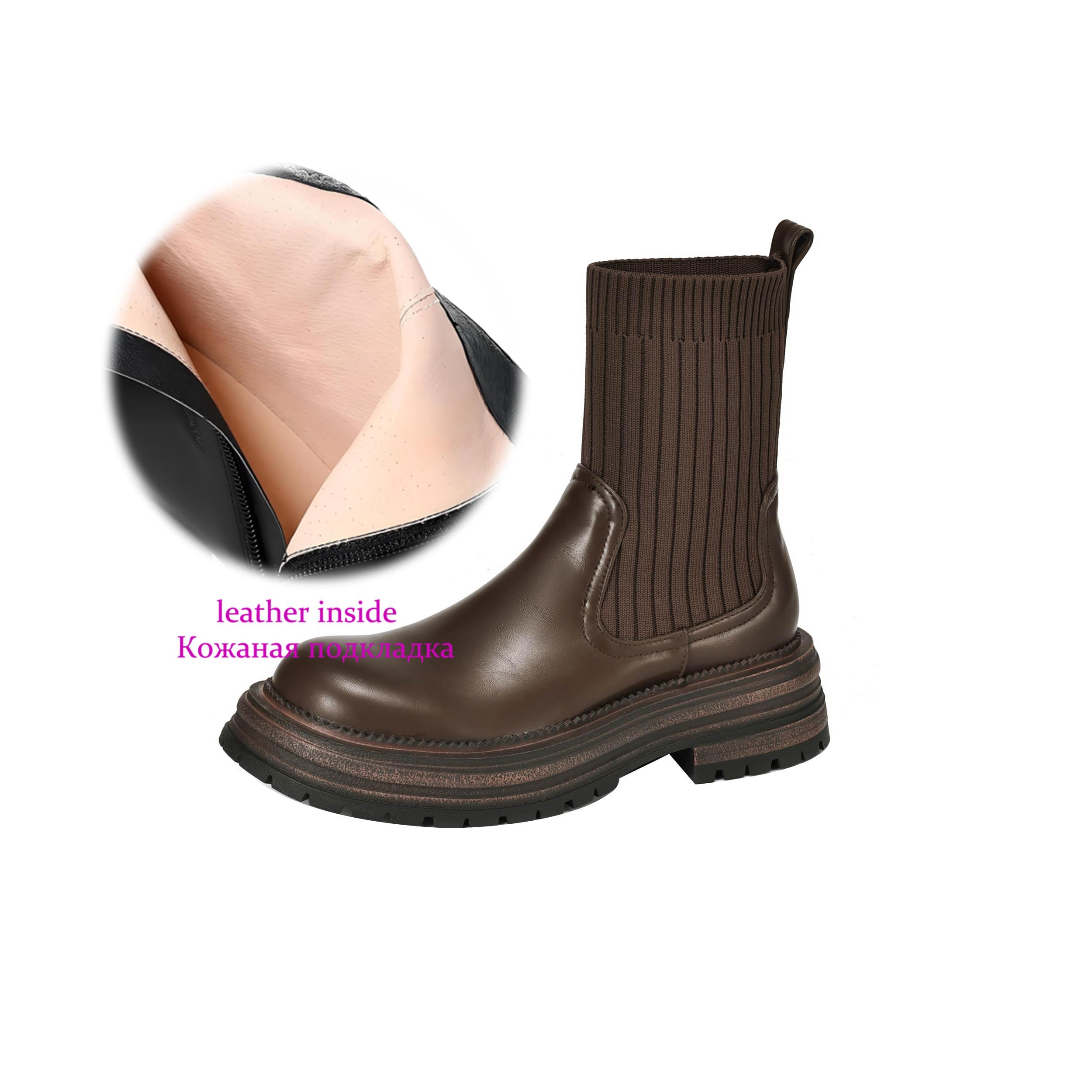 

Krazing Pot Microfiber Autumn Winter Shoes Thick High Heels Flat Platform Size 43 Motorcycle Boots Knitwear Non-slip Ankle Boots 34