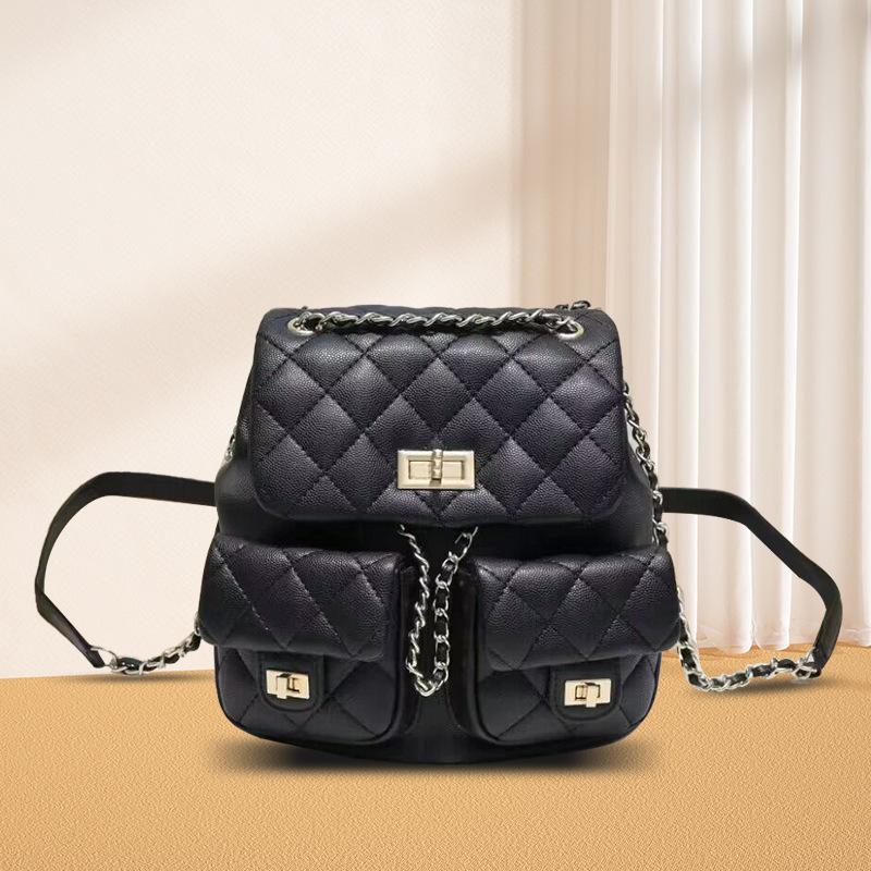 New leather Xiaoxiangfeng caviar rhombus chain backpack cowhide fashion small backpack tide