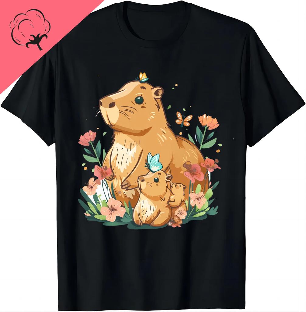Cute Capybara Family Graphic Tee Soft Cotton TShirt Round Neck Short Sleeve Basic Top for Unisex