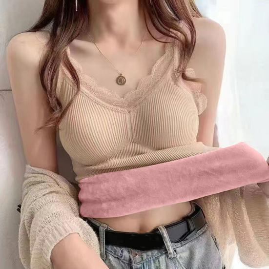 Women Thermal Vest Lace Trim Plush-lined V Neck Sleeveless Thread Solid Color Slim Fit Elastic with Chest Pads Layering