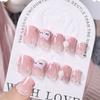 24Pcs Pink French Leopard Hello Kitty False Nails 3D Y2k Star Heart Kitty Cat Rhinestones Press On Nails Cute Cartoon Fake Nails
