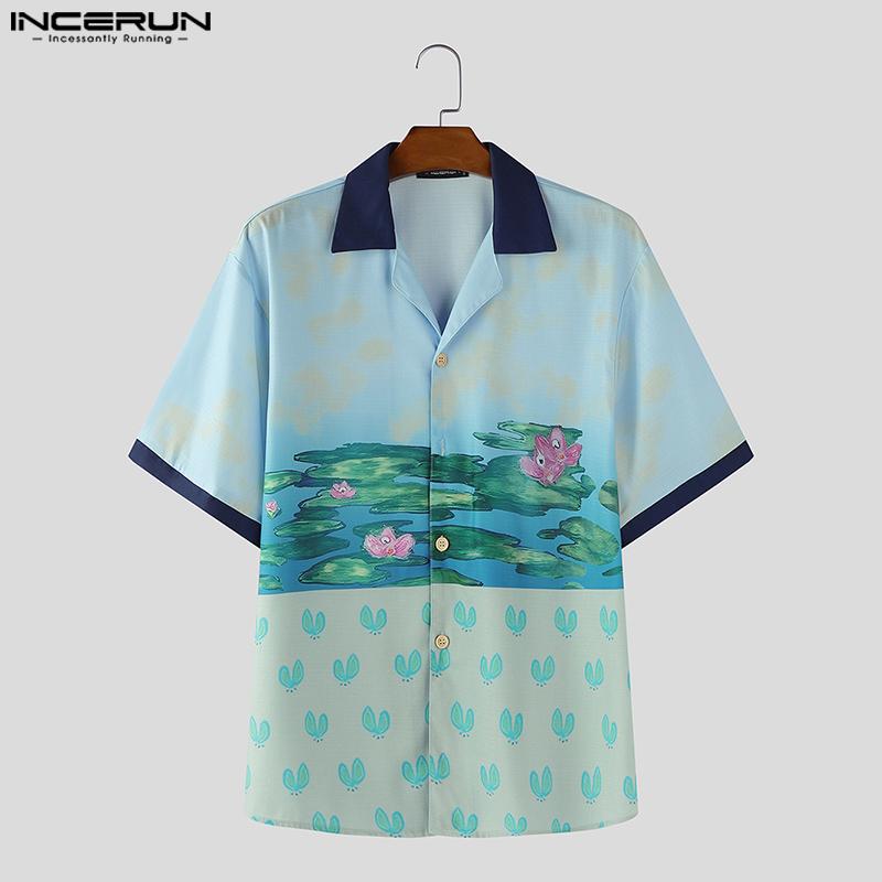 INCERUN Oversized Men Lapel Neck Short Sleeve Stitching Printing Casual Loose Shirts