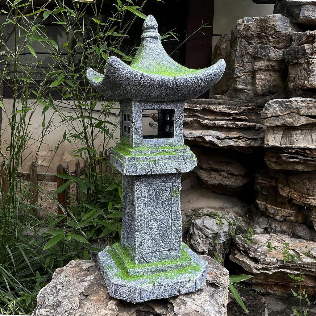 Japanese Pagoda Solar LED Light, Moss-Covered Mini Tower Lantern, Outdoor Garden Decoration, 31.5' High