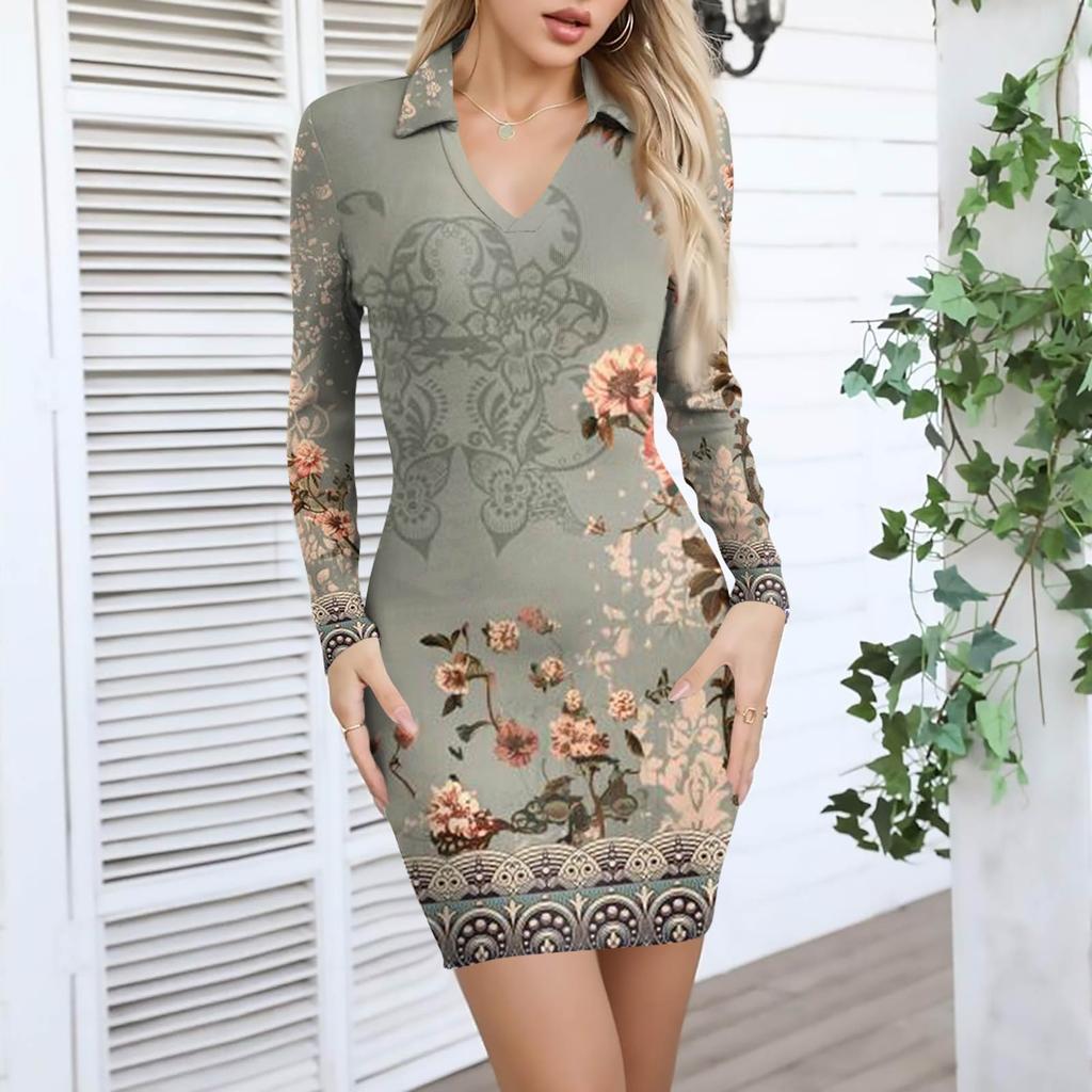 Women's V-neck Casual Print Long-sleeved Fitted Dress