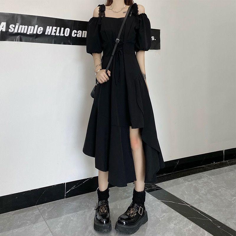 Black long dress women's summer new belly covering irregular knee thin suspender dress