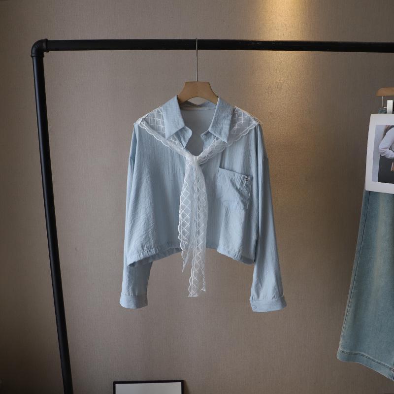 [Bi Zheng] 2025 Spring Korean Style Striped Short Long Sleeve Shirt with Lace Shawl for Women