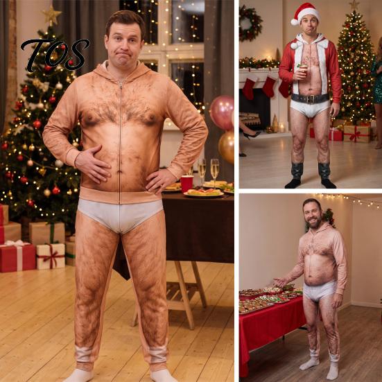 Creative Costumes for Drag Events Funny Dad Bod Jumpsuit, Ugly Christmas One-Piece 3D Printed Hoodie Comfortable Loungewear Parties Romper Men,