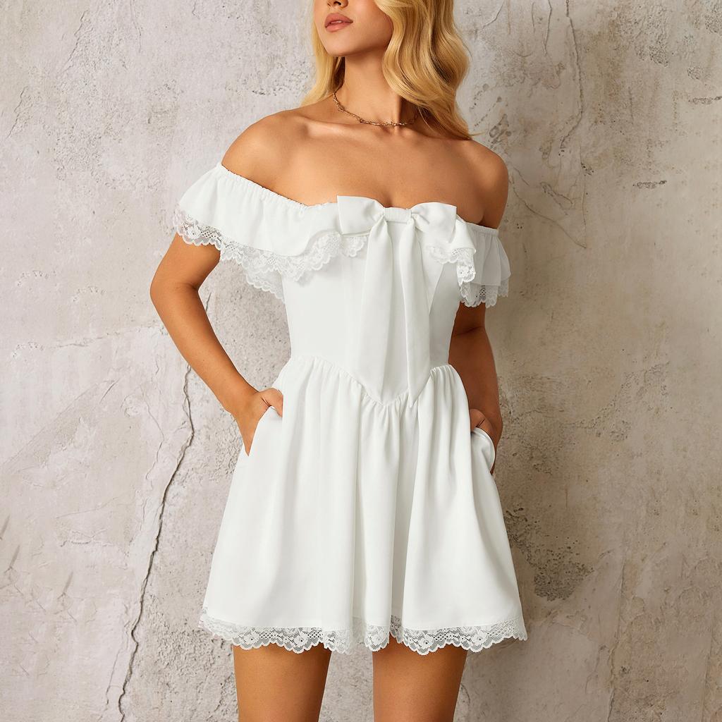 Summer fashion new lace splicing suspender dress, European and American sexy hottie backless shoulder A word short skirt