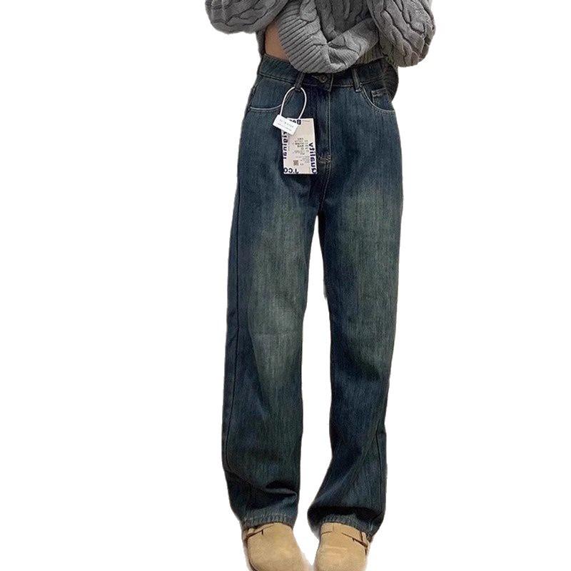 Women's Plus Size Retro Blue Velvet-Lined Straight-Leg High-Waist Jeans - Winter Slimming Wide-Leg Pants