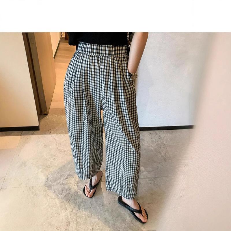 Retro new plaid nine-point slightly wide casual wide-leg pants women's thin and versatile high-waisted fashion sports straight pants