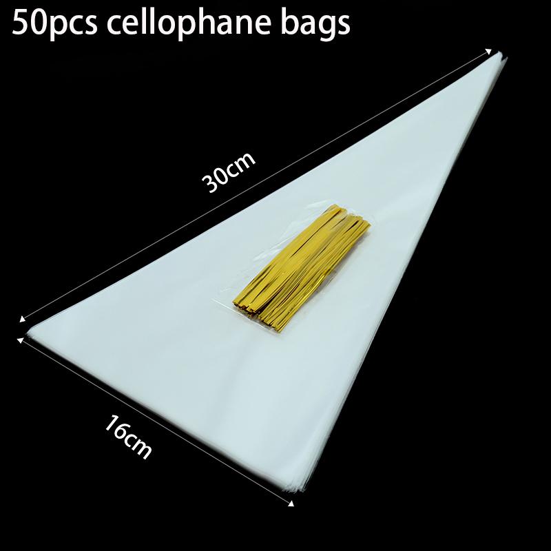 50pcs Clear Cellophane Candy Cone Cookie Biscuit Packaging Bag For DIY Wedding Birthday Party Favors Halloween Christmas Treats