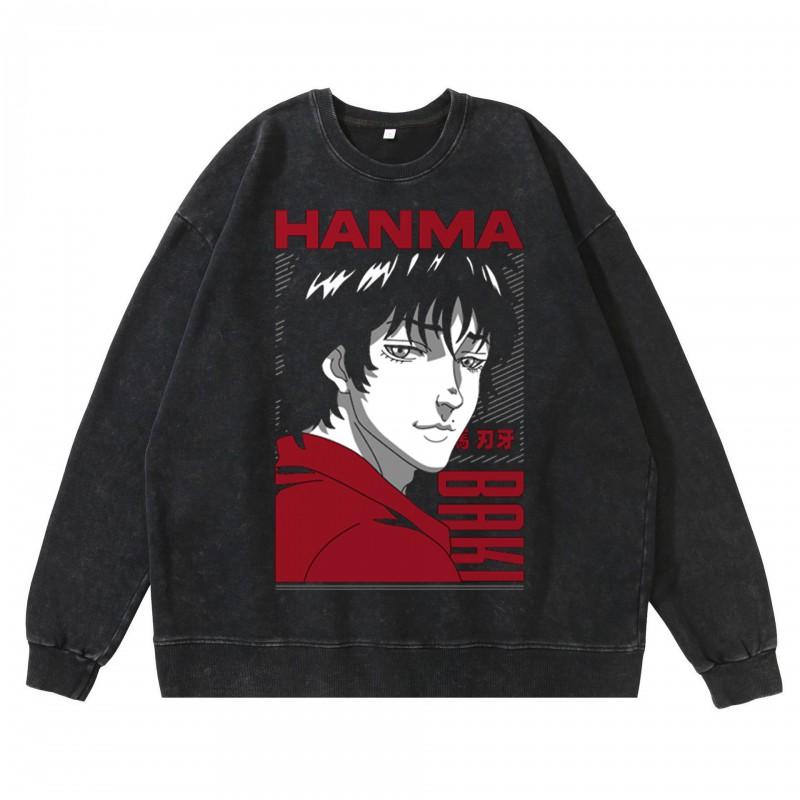 Heavyweight 360g Washed Vintage Baki Hanma Anime Graphic Hoodie-Free Cotton Sweatshirt Men