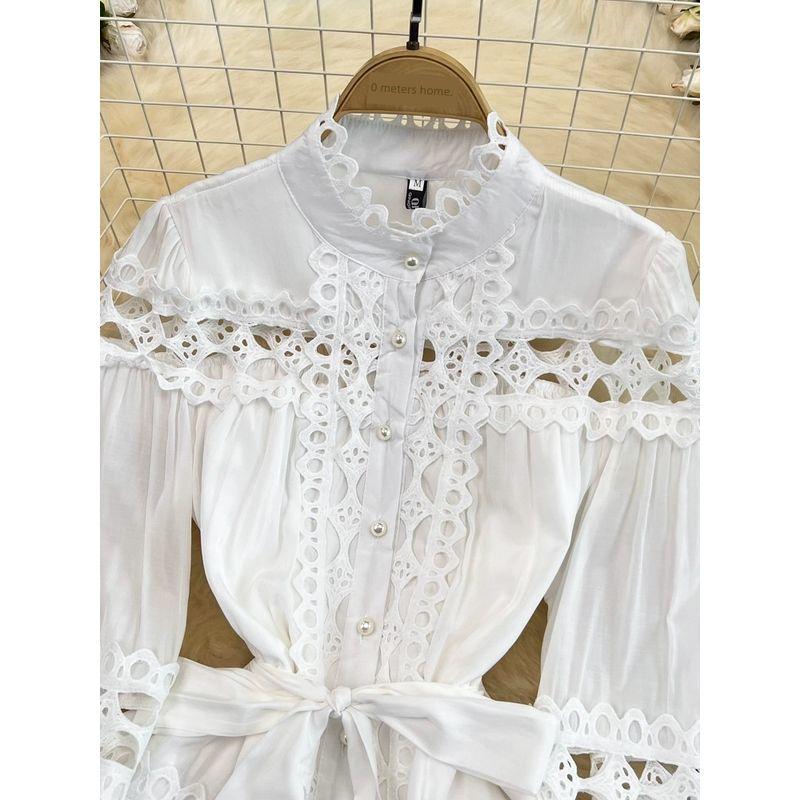 2024 Spring and Autumn Vintage Court Style Elegant Lantern Long Sleeve round Neck Hollow out Stitching Single-Breasted A- line Dress