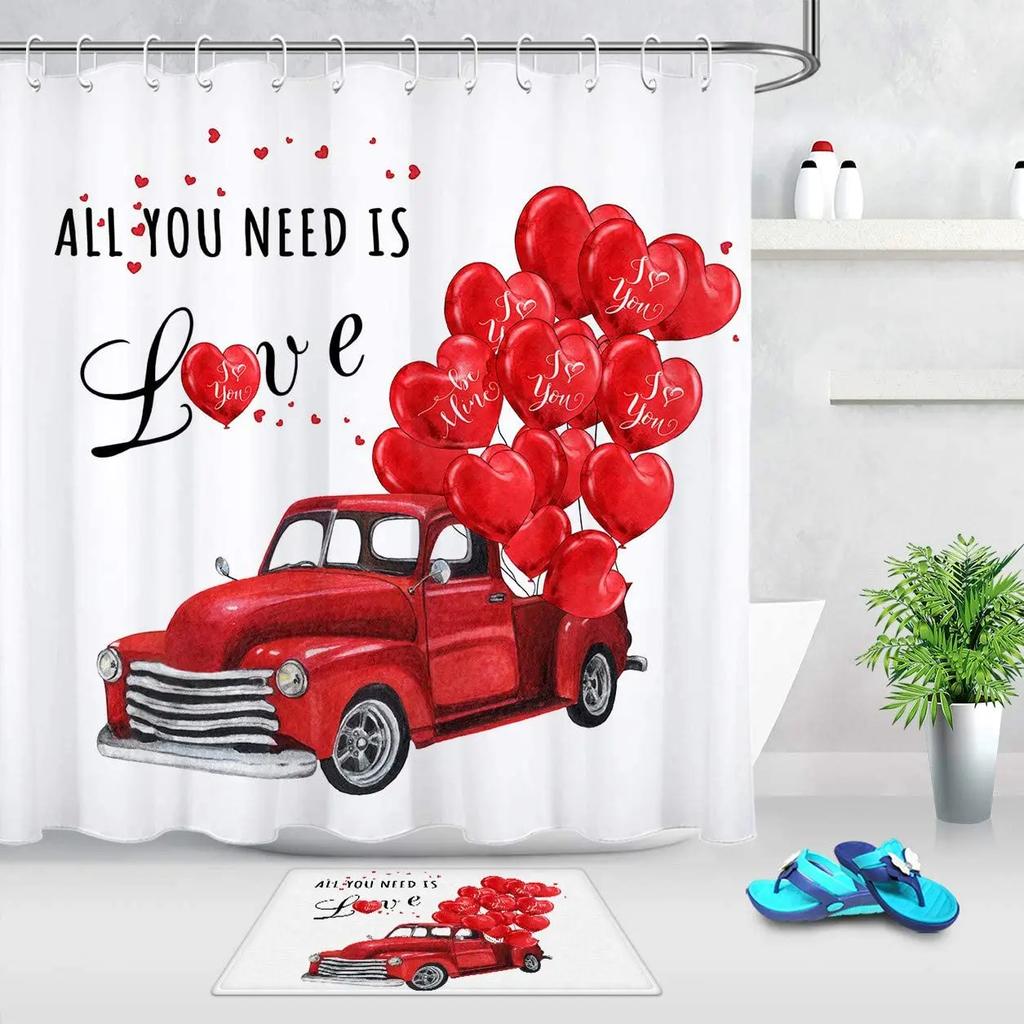 Red Truck Valentine Shower Curtain Set with Romantic Hearts Balloons Love Lovers Polyester Fabric Simple White Shower Curtains
