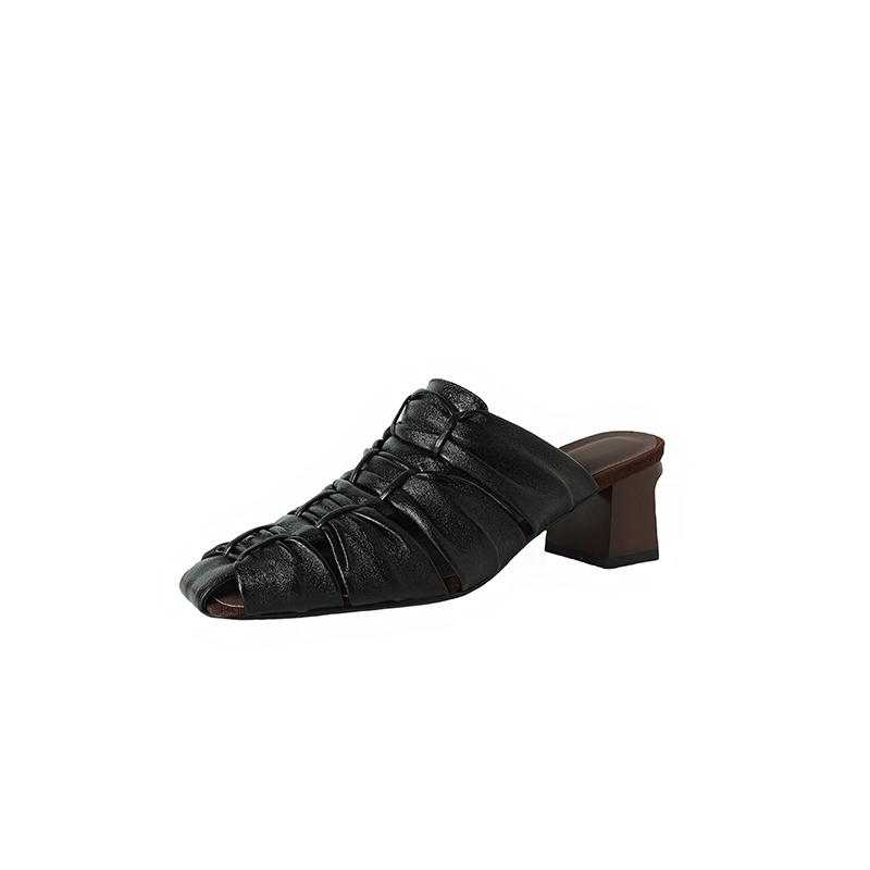 

Мода 2025 Лето Новая Натуральная Кожа Ретро Полу-драг Мюли Женские Женские Высокий Каблук Квадратный Носок Повседневная Обувь Женские Шлепанцы 40 чёрный