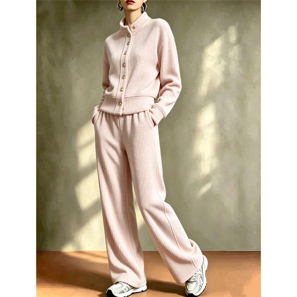 Women 2 Piece Outfit Waffle Knit Set Stand Collar Button Cardigan Wide Leg Pants Casual Loungewear Tracksuit
