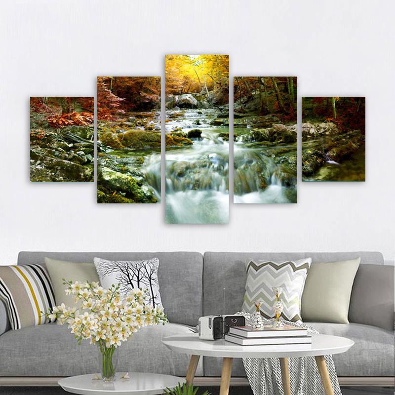 5 Panels Landscape Waterfall Posters and Prints Canvas Painting Wall Art Pictures Living Room Home Decor Lake Tree No Frame