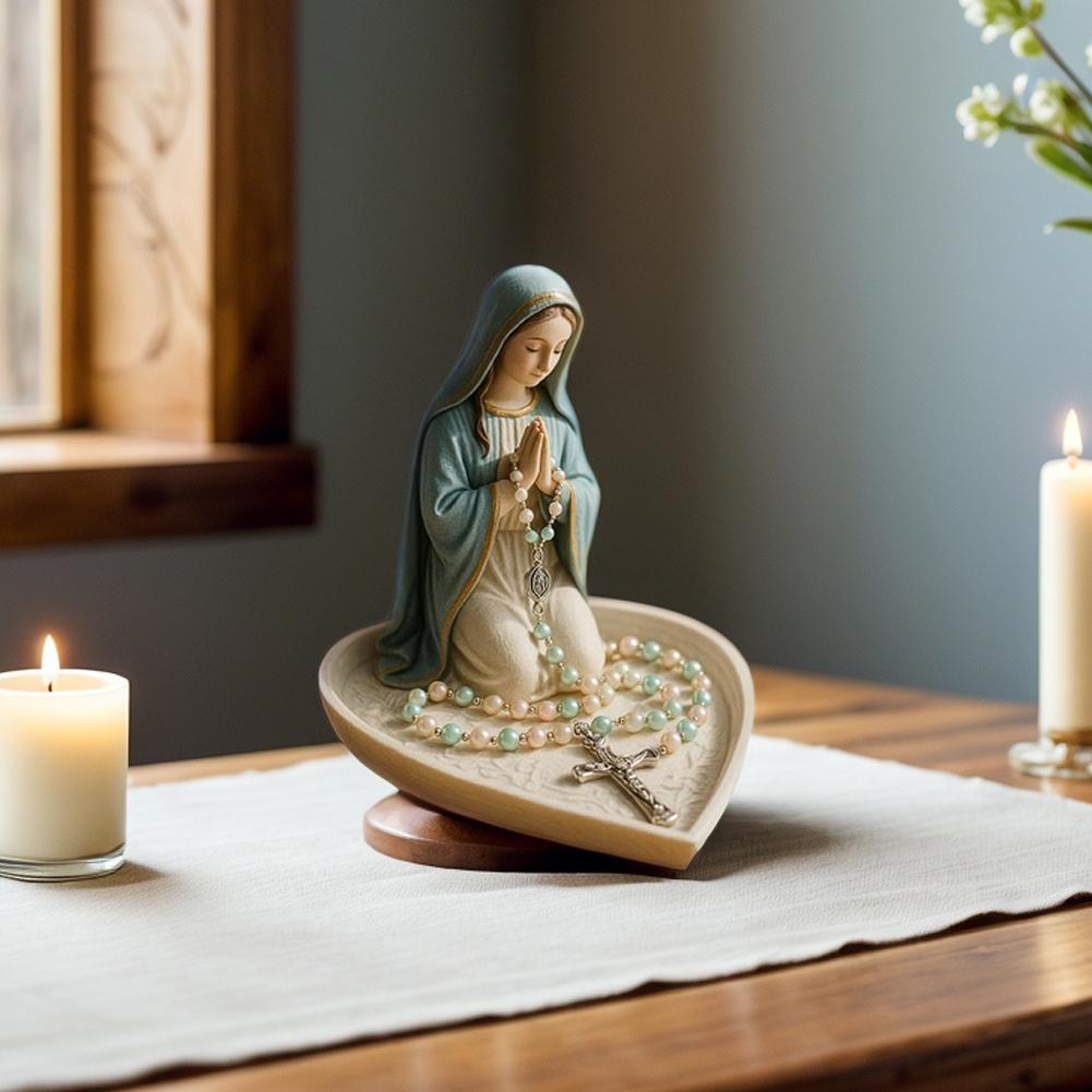 Virgin Mary Jesus Rosary Holder,  6" Blessed Mother Statue Catholic Sculpture Resin Jewelry Box for Necklace Rings Desktop Decor