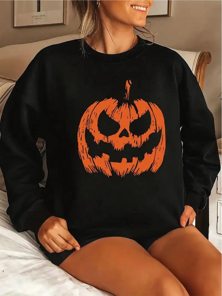 European and American Halloween Pumpkin Plus Size Long-Sleeve Crew Neck Sweatshirt