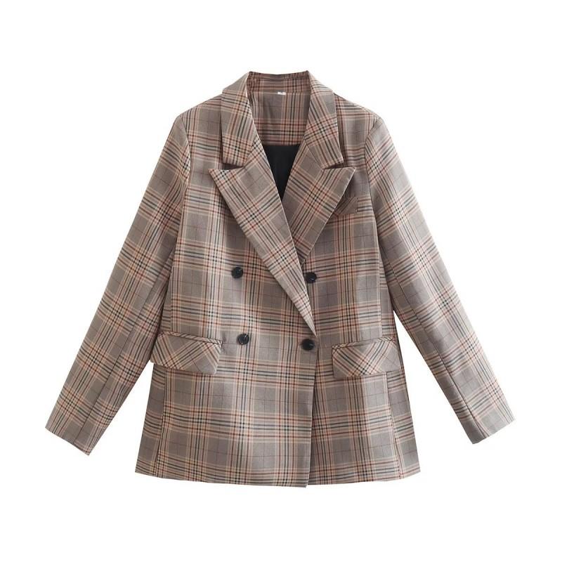 Womens Plaid Print Blazer Long Sleeve Casual Coat Street Style Outerwear