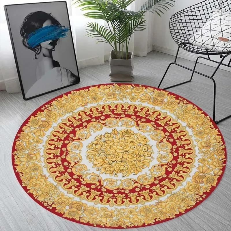 Nordic Retro Gold Printed Round Sponge Carpet Living Room Bedroom Mat Home Bathroom Non-slip Floor Mats Decoration