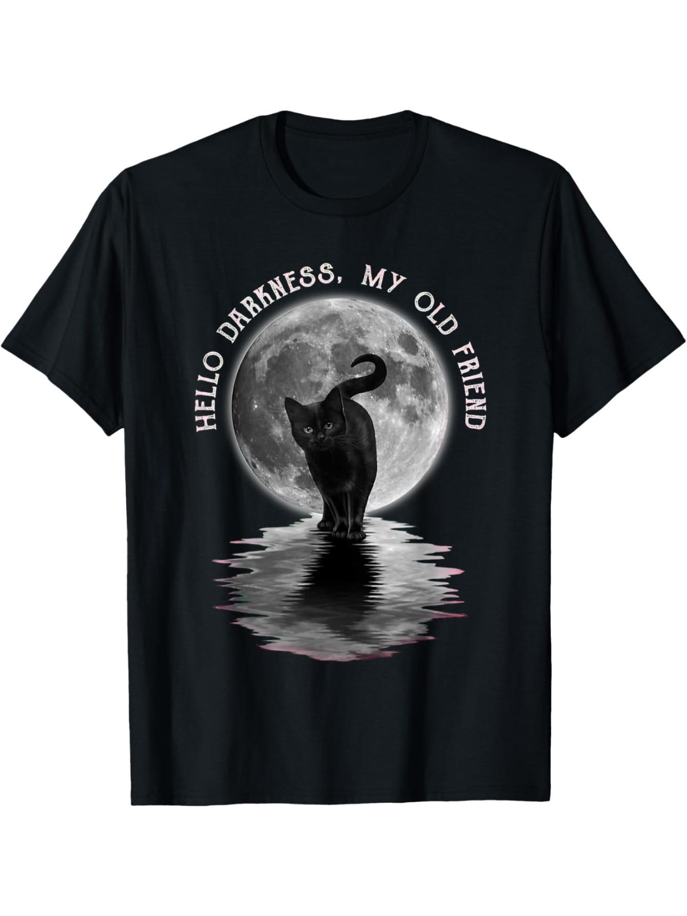 

Black Cat Moon Halloween Hello Dark My Old Friend pattern design100 cotton Oneck short sleeve casual printed Tshirt S