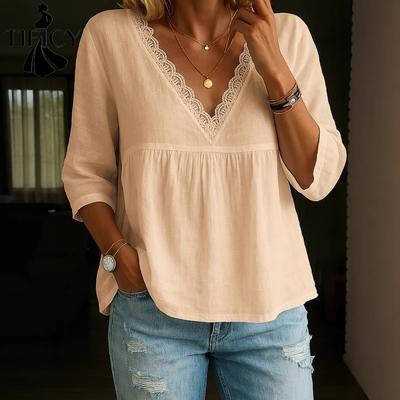 Women's Fashion Casual Summer Spring Solid Color Print 3/4 Sleeves V-Neck Blouses & Shirts