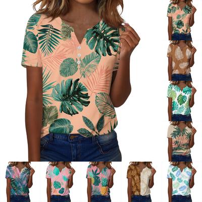Modisches lässiges Hawaiian-Print V-Ausschnitt Kurzarm Hemd Top für Damen