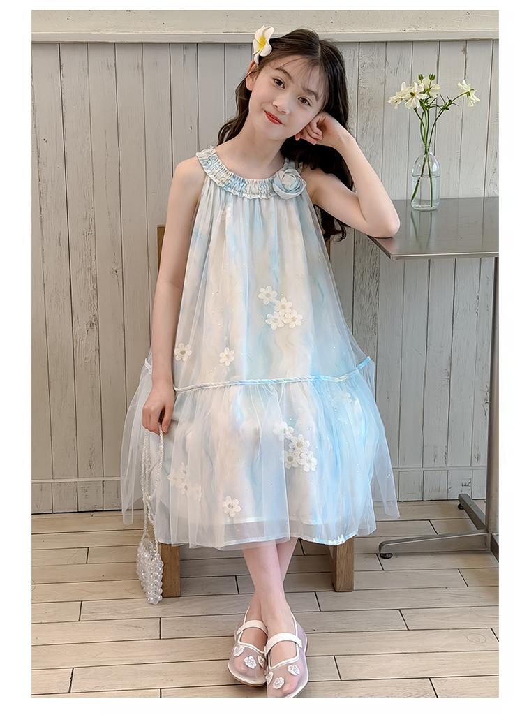 Girls' Sleeveless Dress, Summer Neck Hanging, Stylish Chiffon Dress, 2026 New Item, Medium To Large Children's Mesh Dress, Korean Version