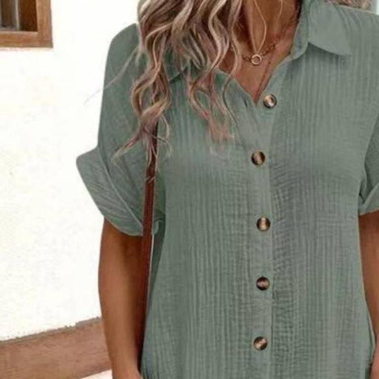 Letnia casualowa sukienka bawełniano-lniana z dekoltem w serek i kieszeniami, z krótkim rękawem, plażowa sukienka letnia, damska, zapinana na guziki