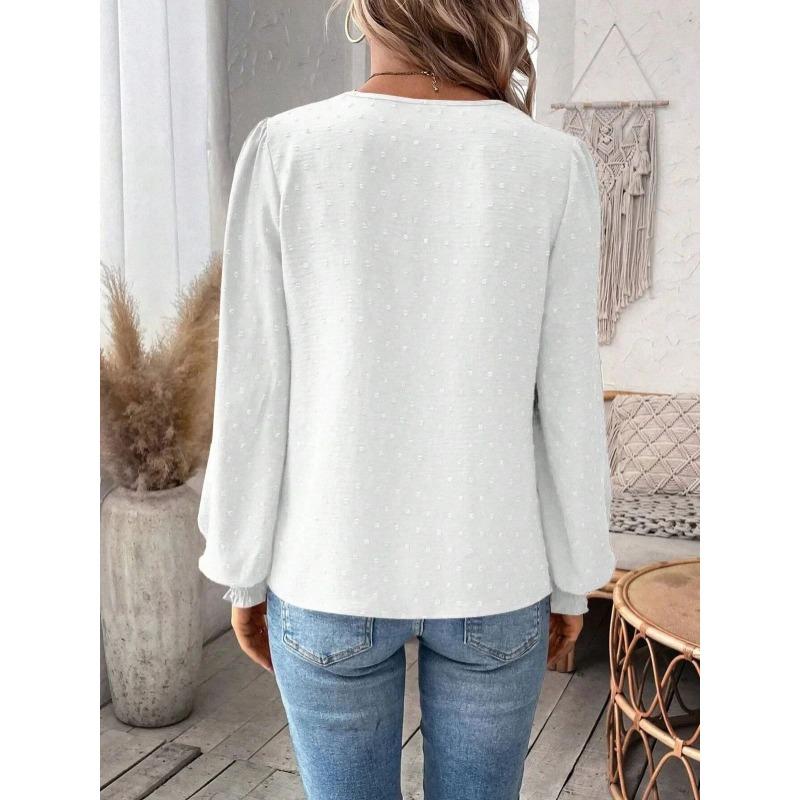 Women V Neck Lace Solid Long Sleeve Casual T Shirt