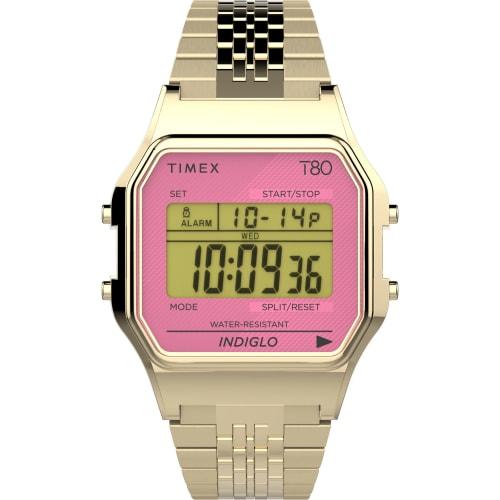 Timex T80 34mm Watch with Stainless Steel Bracelet, Gold Tone/Digital/Gold Tone, Retro.