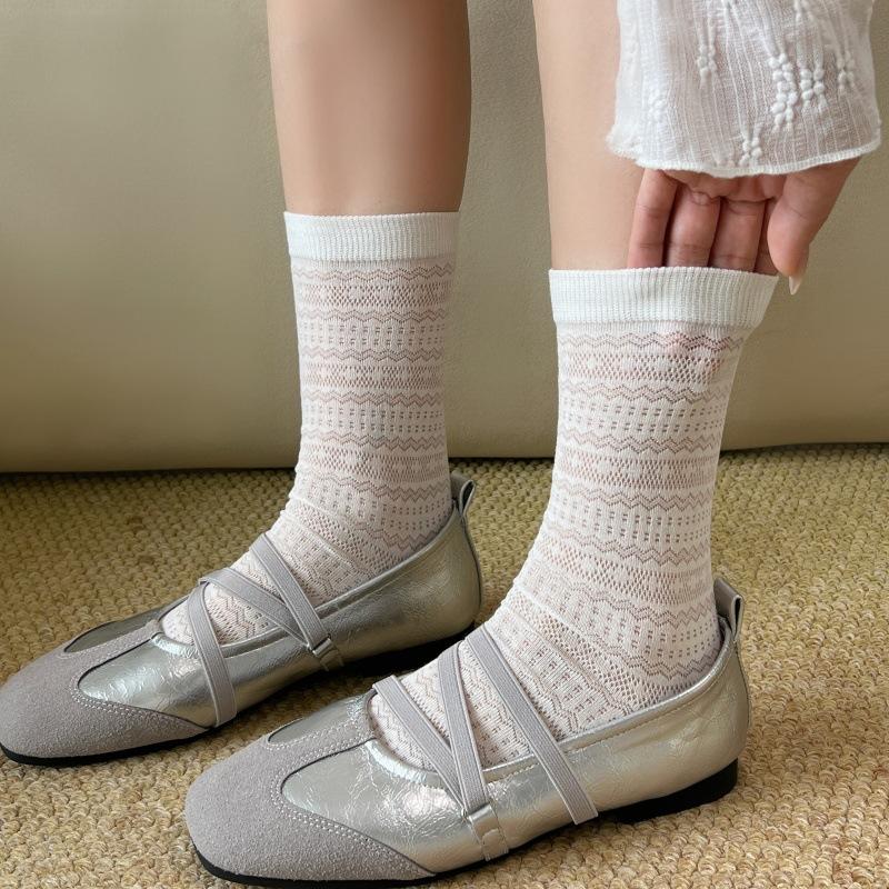 

Spring and Summer White Stockings - Children s Lightweight Mid-Calf Stockings with Geometric Lace - Pure Cotton - Anti-Spangling - No Knit 1 pair