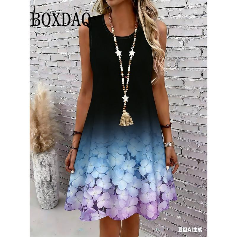 Women's Sleeveless A Line Dress Pink Floral 3D Print Dresses Summer Woman Clothing Sundress Casual Plus Size Ladies Beach Dress