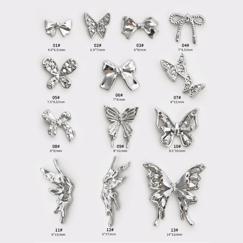 10 Pcs/Set 3D Bows Nails Charms Sparkling Butterfly Nails Charms Alloy Manicure Supplies Nails Art Decorations for Women